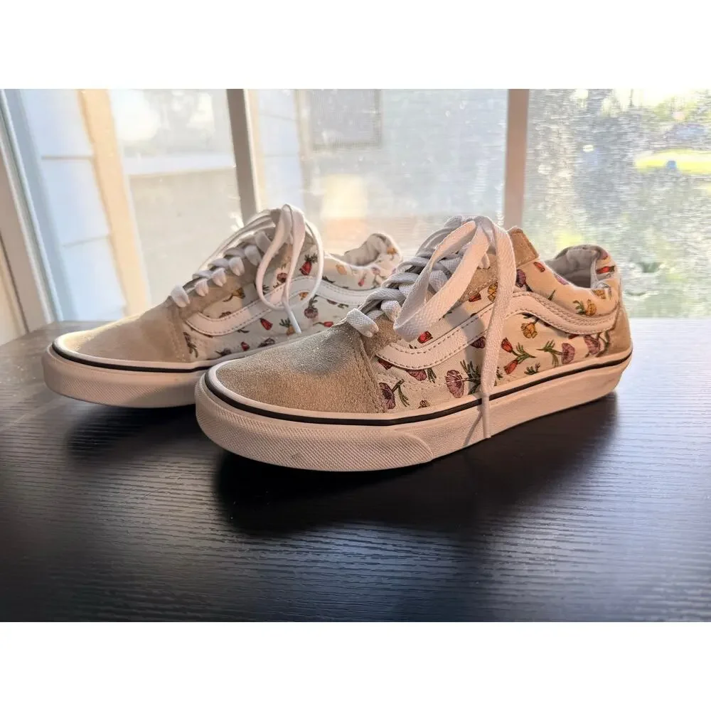 Vans Old Skool Floral Sneakers Womens Size 7.5 White Canvas Suede Lace Up Shoes